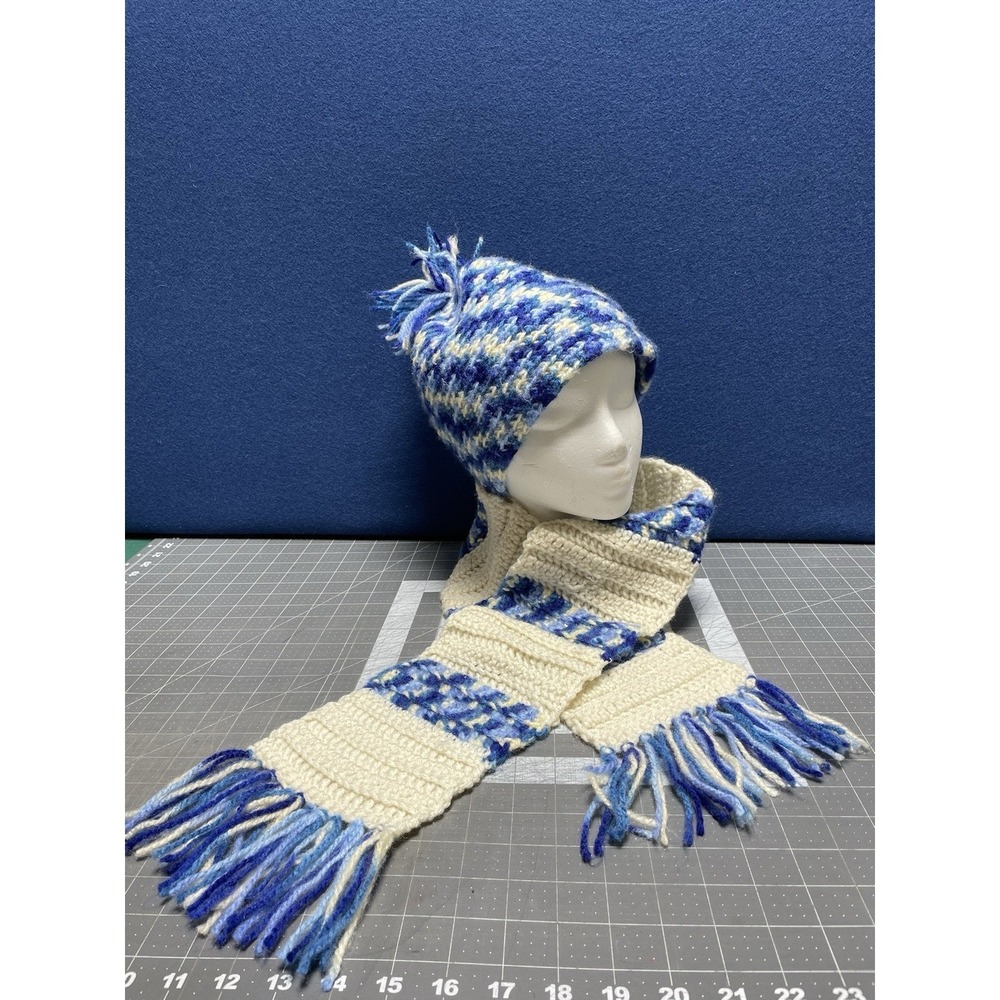 Crochet‎ Blue White Variegated Hat 22" Around Scarf 24"x5.5" Handmade Beanie Cap